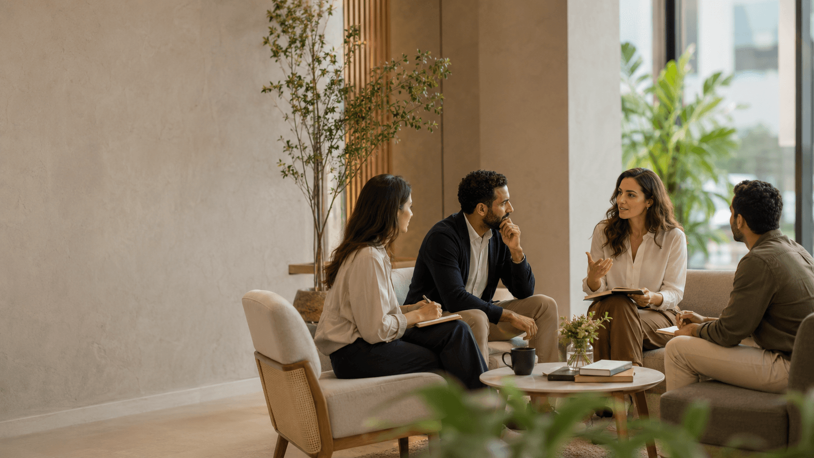 Small group coaching session in a lounge setting